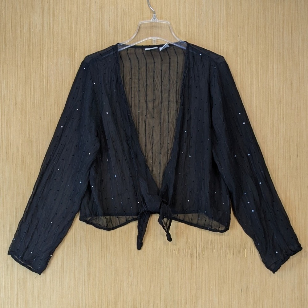 White Stag Vintage Y2K Black Sheer Sequin Tie Front Shrug Bolero Cardigan Large